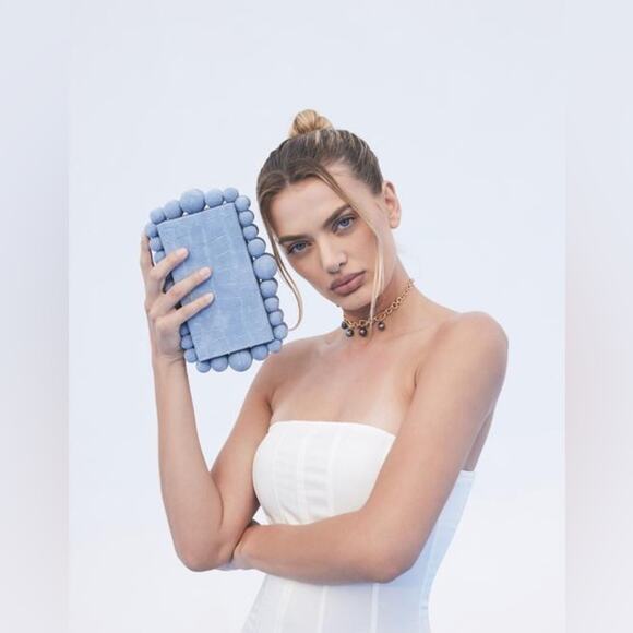 Cult Gaia Maya Blue Eos Clutch Structured Embossed Croc Suede Leather Box Bag - Picture 2 of 15